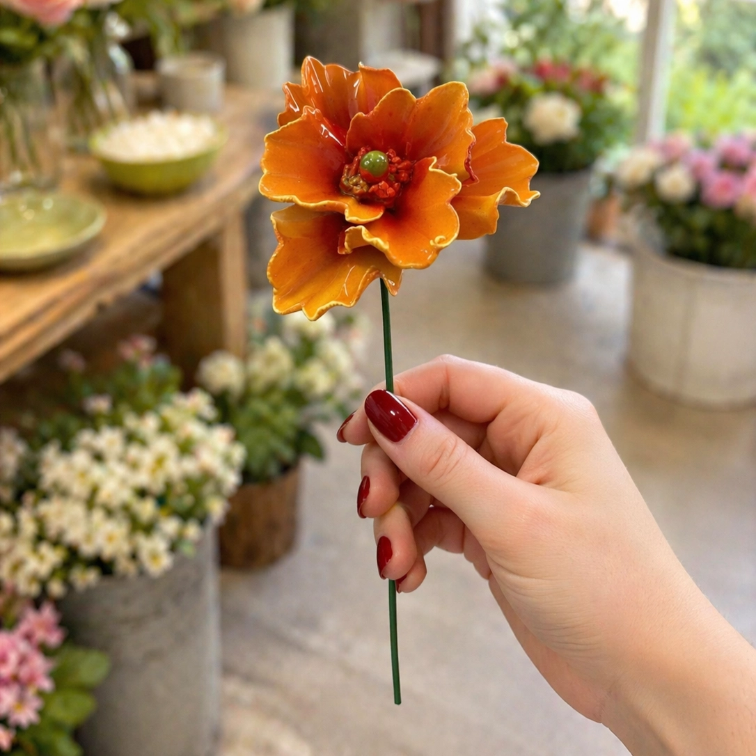 Coquelicot d'Orient Orange en Céramique ø6-7cm sur Tige 29cm