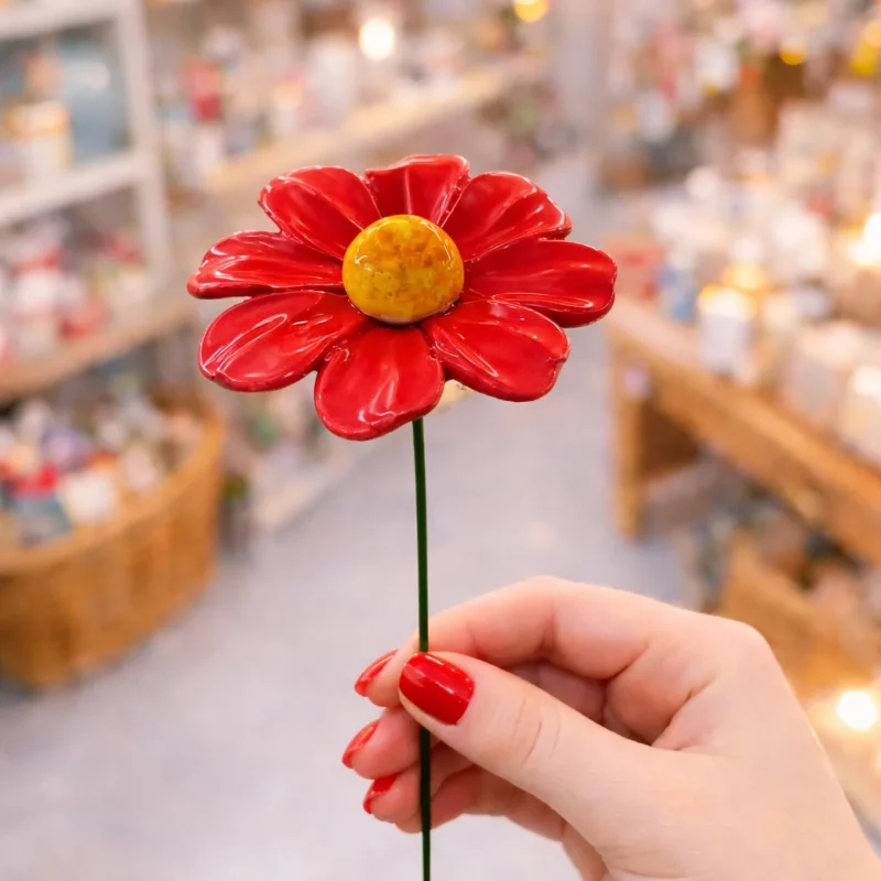 Marguerite Rouge en Céramique ø6-7cm sur Tige 29cm