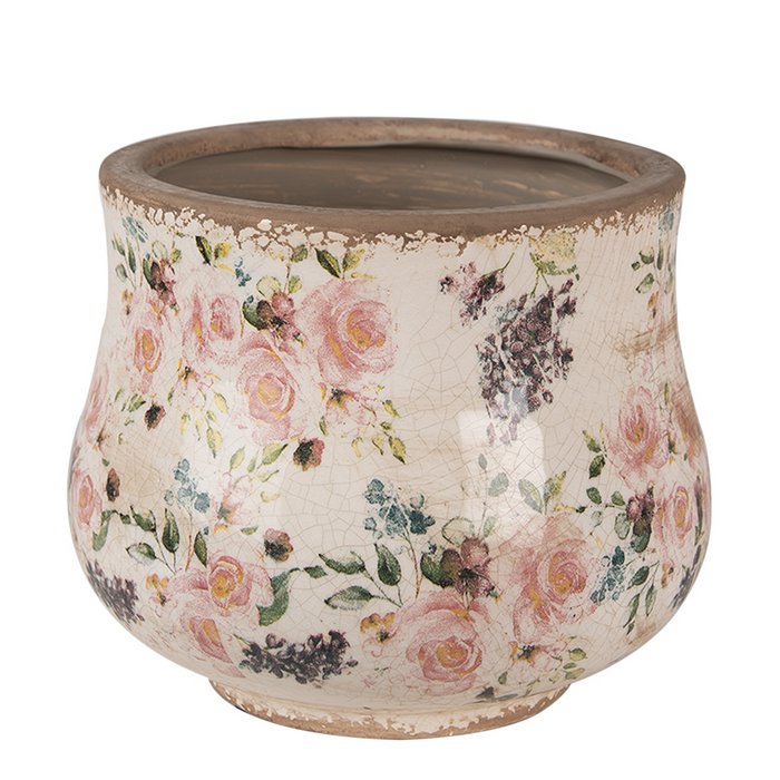 Pot de Fleurs Ø 18x15 cm en Céramique Rose Beige Floral