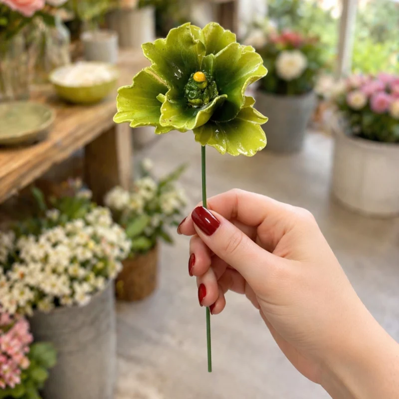 Coquelicot d'Orient Vert en Céramique ø6-7cm sur Tige 29cm