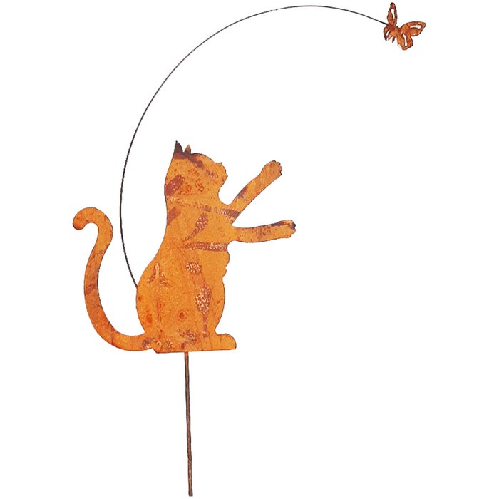 Piquet Chat avec Papillon en Métal Rouillé 30x50cm