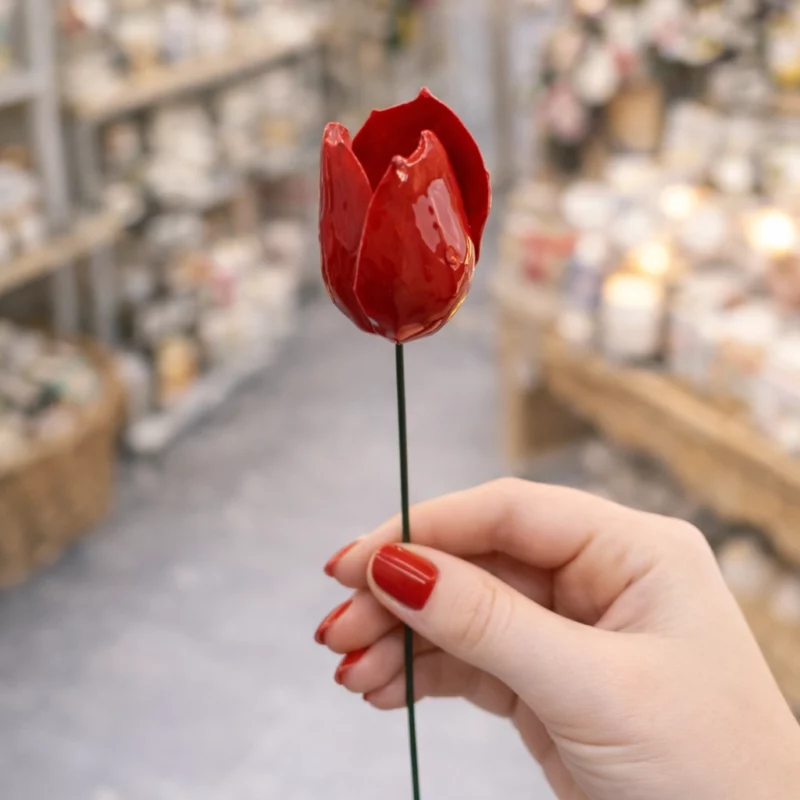 Tulipe Rouge en Céramique ø6-7cm sur Tige 29cm
