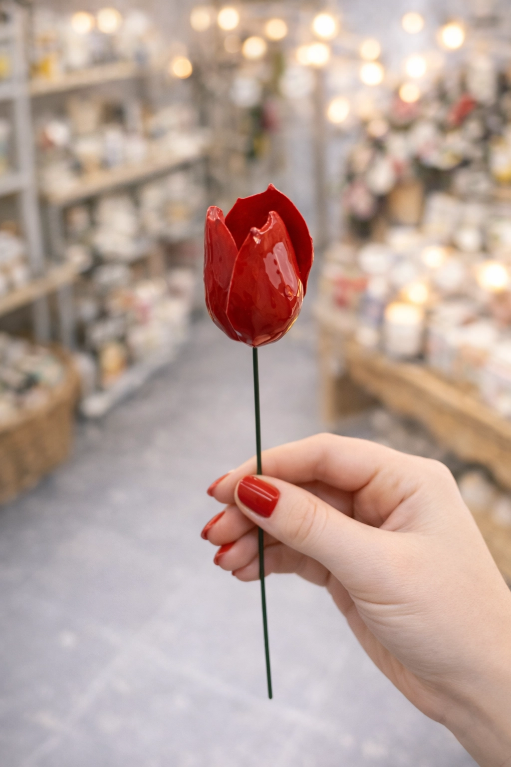 Tulipe Rouge en Céramique ø6-7cm sur Tige 29cm