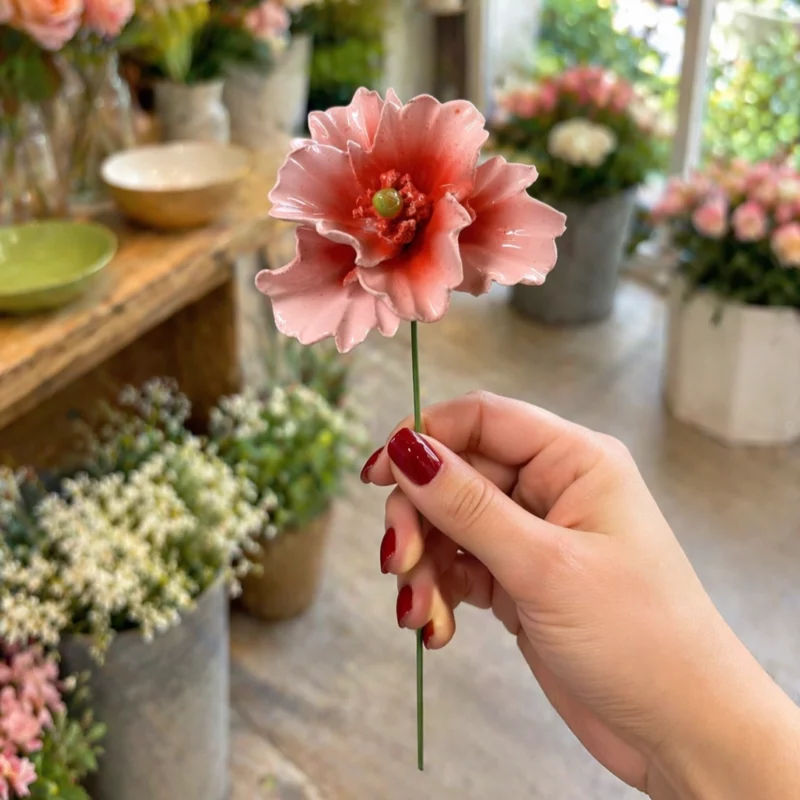 Coquelicot d'Orient Rose en Céramique ø6-7cm sur Tige 29cm