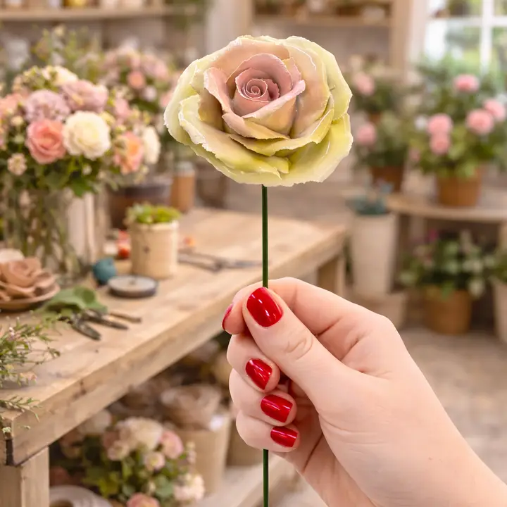 Rose rose en Céramique ø6-7cm sur Tige 29cm