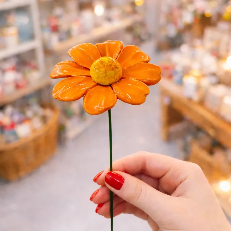 Marguerite Orange en Céramique ø6-7cm sur Tige 29cm