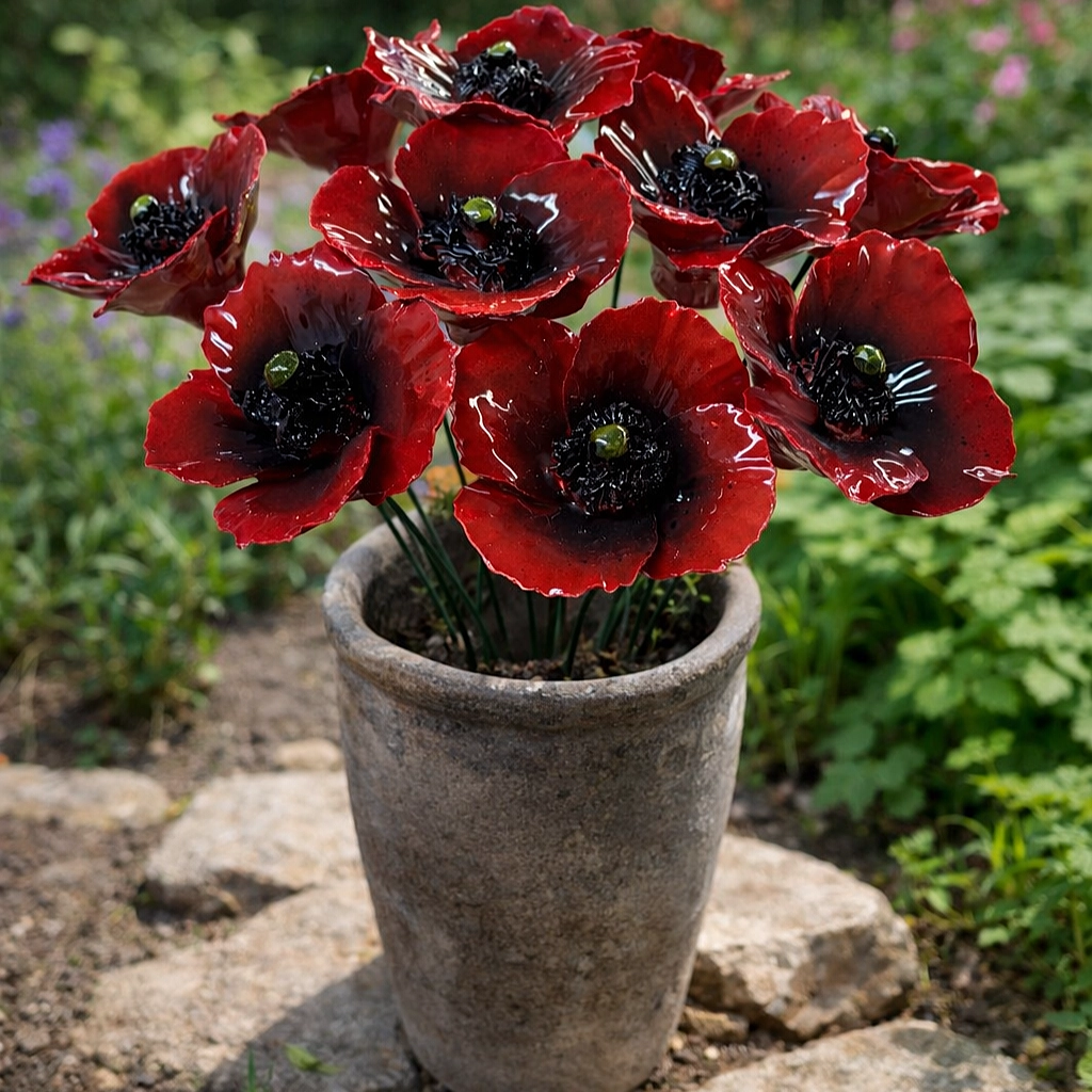 Coquelicot Rouge en Céramique ø6-7cm sur Tige 29cm – Image 2
