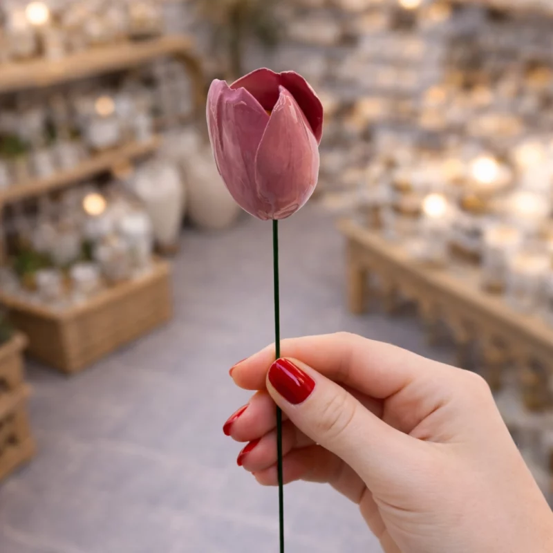 Tulipe Rose en Céramique ø6-7cm sur Tige 29cm