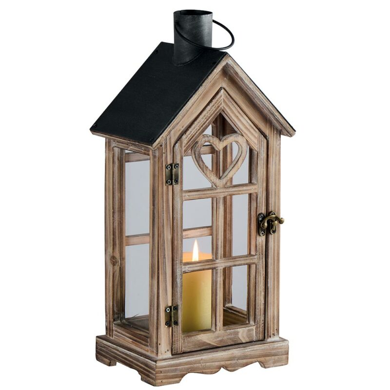Lanterne en Bois Blanchi, Coeur Ajouré, Toit Métal 20x42x14cm