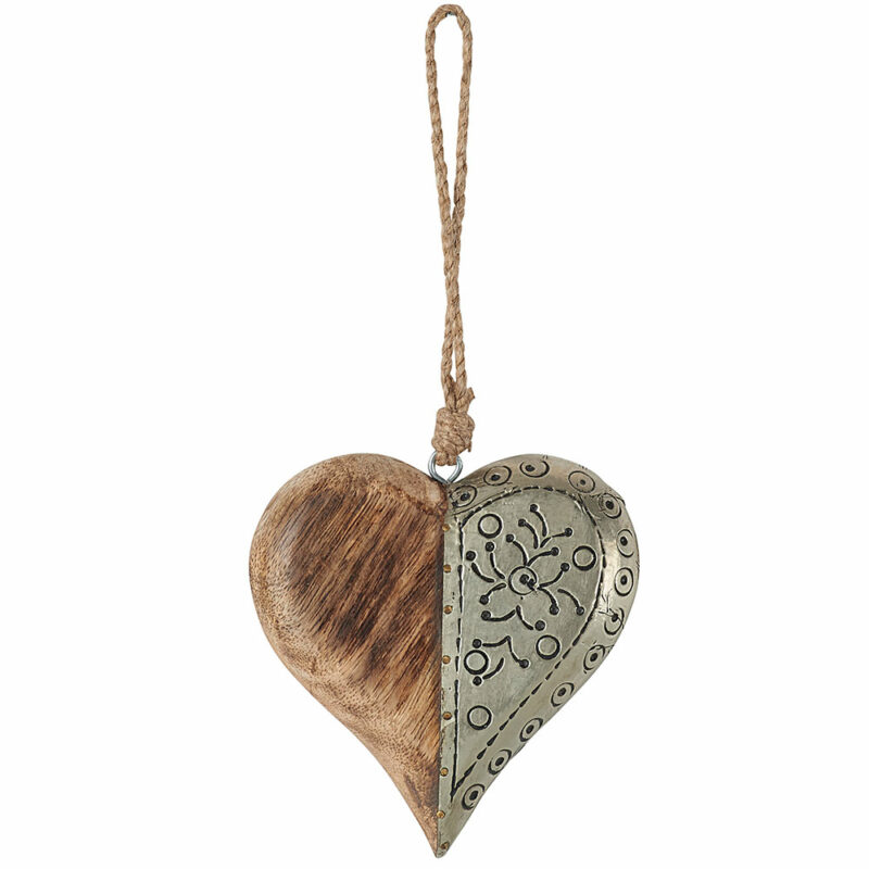 Pendentif Coeur Moitié Bois Moitié Métal Gravé 11,5x12x3cm