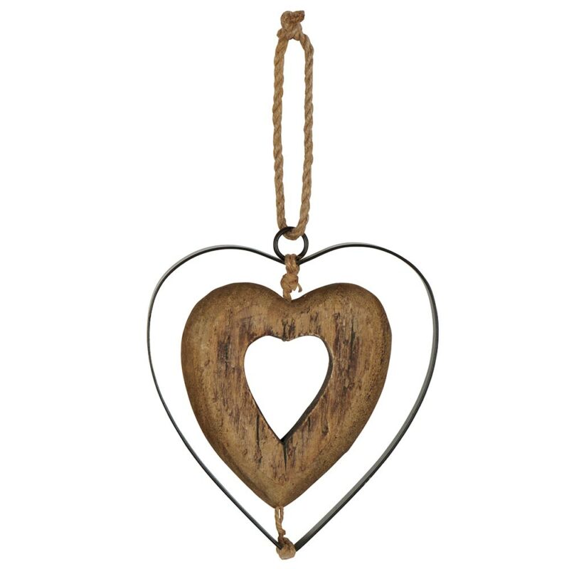 Pendentif Coeur Double en Bois et Métal 15x16,5x1,5cm