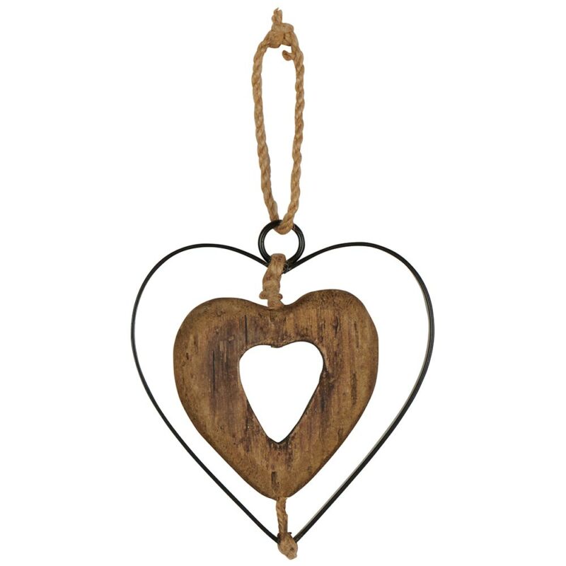 Pendentif Coeur Double en Bois et Métal 11,5x11,5x1cm