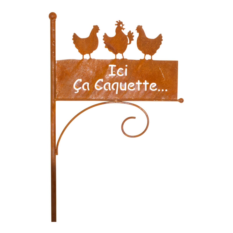 Piquet Poteau avec Panneau "Ici ça caquette" en Métal Rouillé 50x180cm