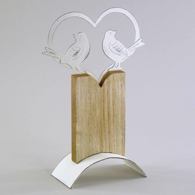 Couple d'Oiseaux en Métal Blanc Antique sur Colonne en Bois Naturel,  H 22 cm, L 15 cm