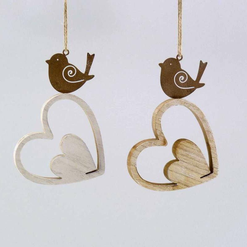 Pendentif Coeur en Bois avec Oiseau en Métal Rouillé, 2 Modèles au Choix, 9xH.13,5cm