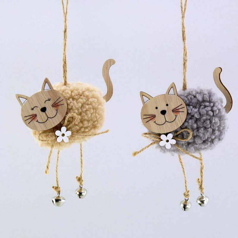 Pendentif Chat en Bois et Laine, 2 Modèles au Choix, 9,5xH.15cm