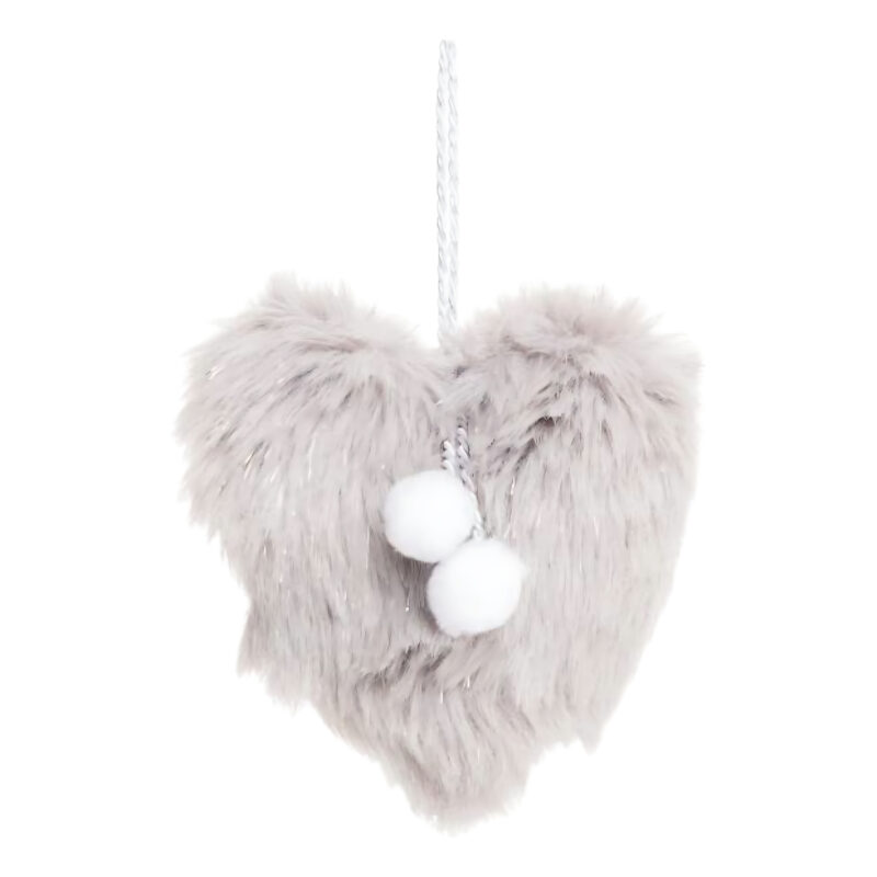 Pendentif Coeur Duveteux Gris à Pompons Blanc 14x14x5cm