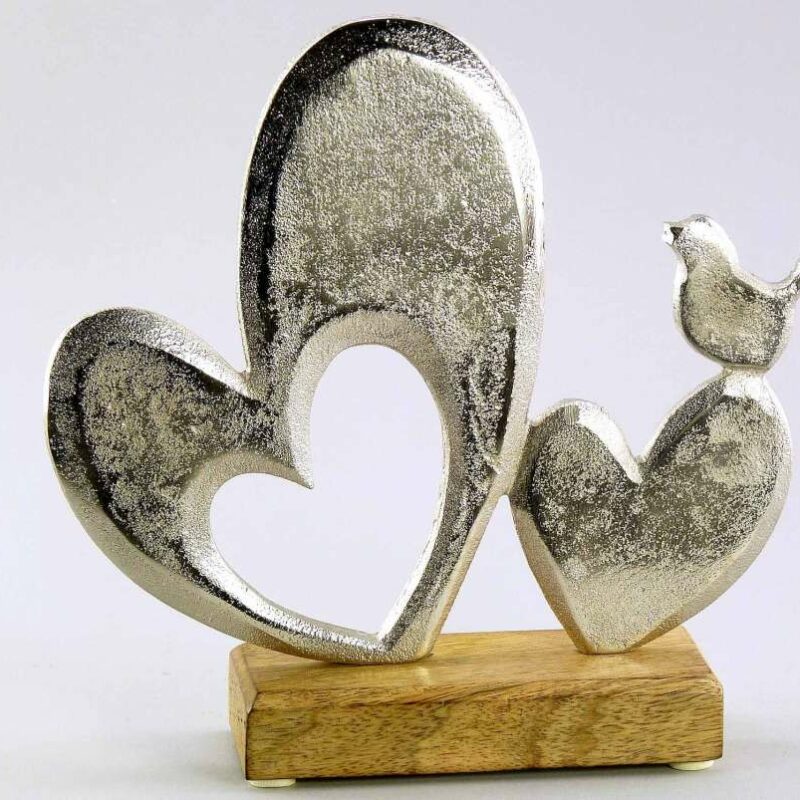 Cœur avec Oiseau en Aluminium sur Socle en Bois 20x20cm