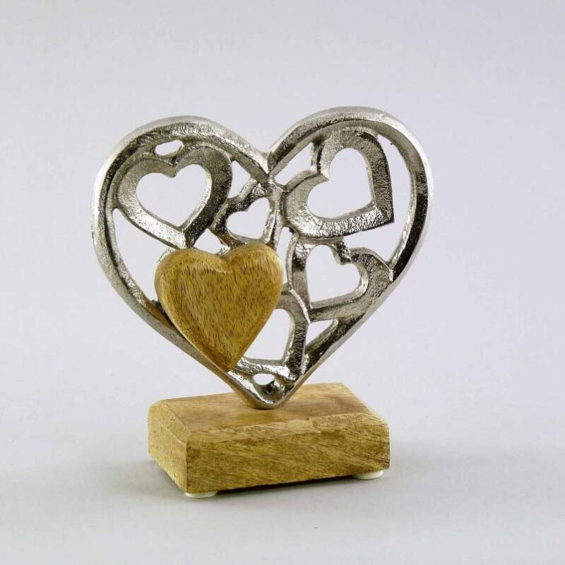 Cœur en Aluminium/Bois de Manguier H14 L13cm