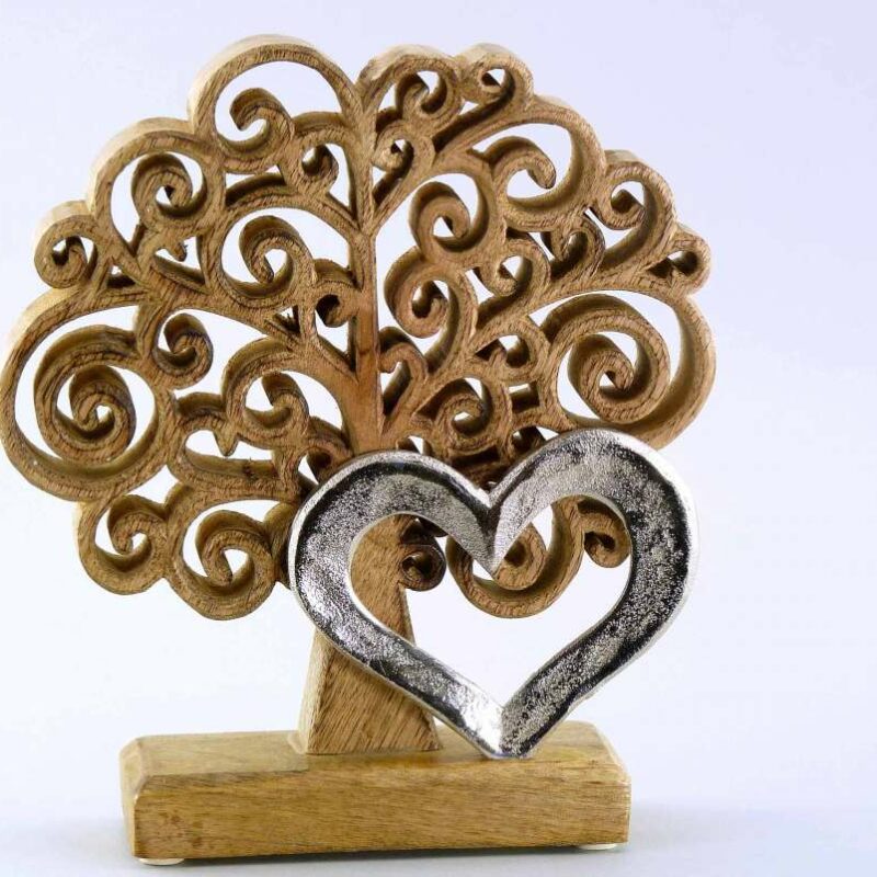 Arbre de Vie en Bois de Manguier et Aluminium avec Cœur, H.22,5 cm, L 20 cm