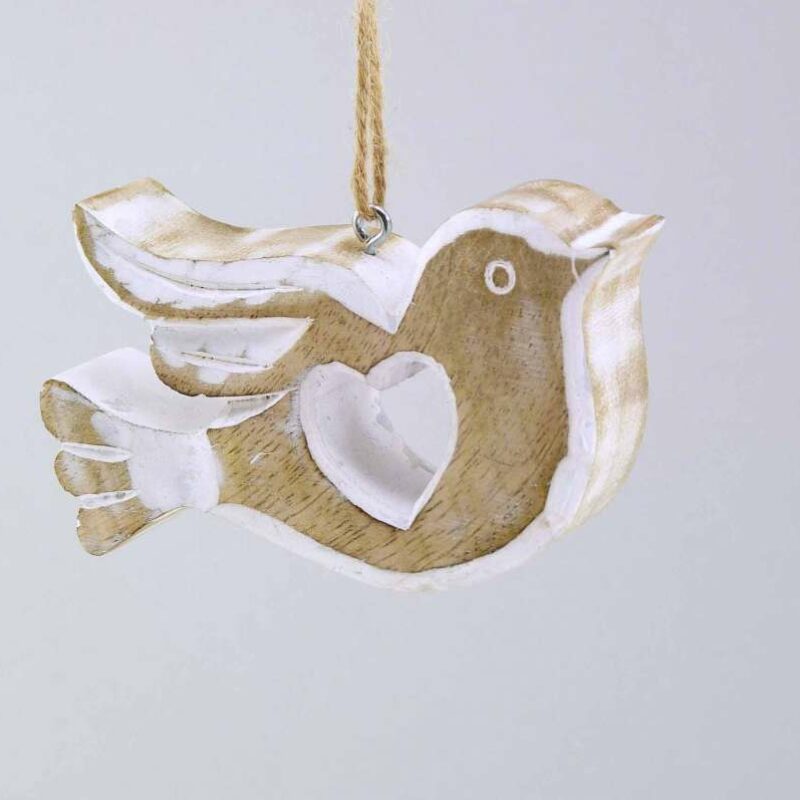 Pendentif Oiseau en Bois de Manguier, Finition naturelle/blanche, H 11,5 cm, L 15,5 cm
