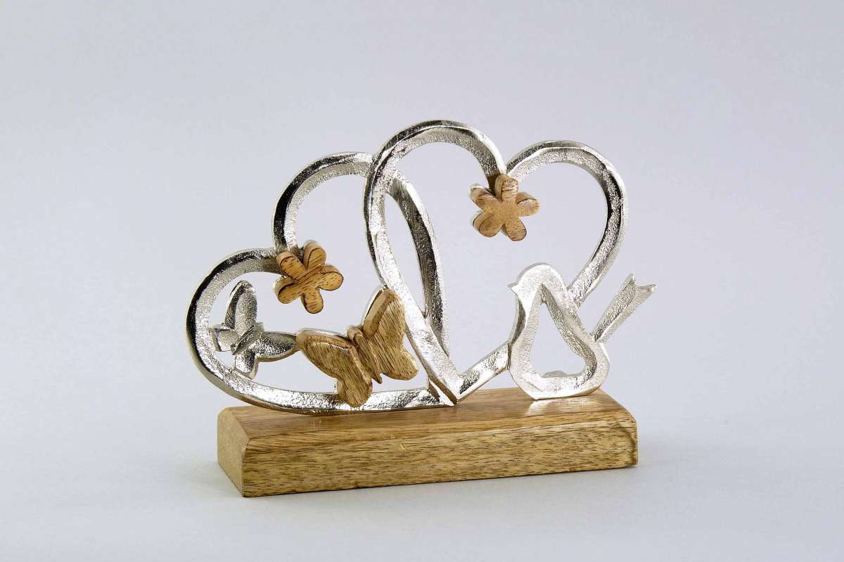Double Cœur avec Oiseau/Papillon en Bois de Manguier/Aluminium H14 L19cm