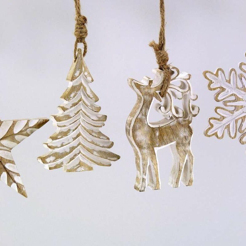 Pendentif de Noël en Bois de Manguier, naturel/blanc, 4 Modèles au Choix, ø13 H12cm