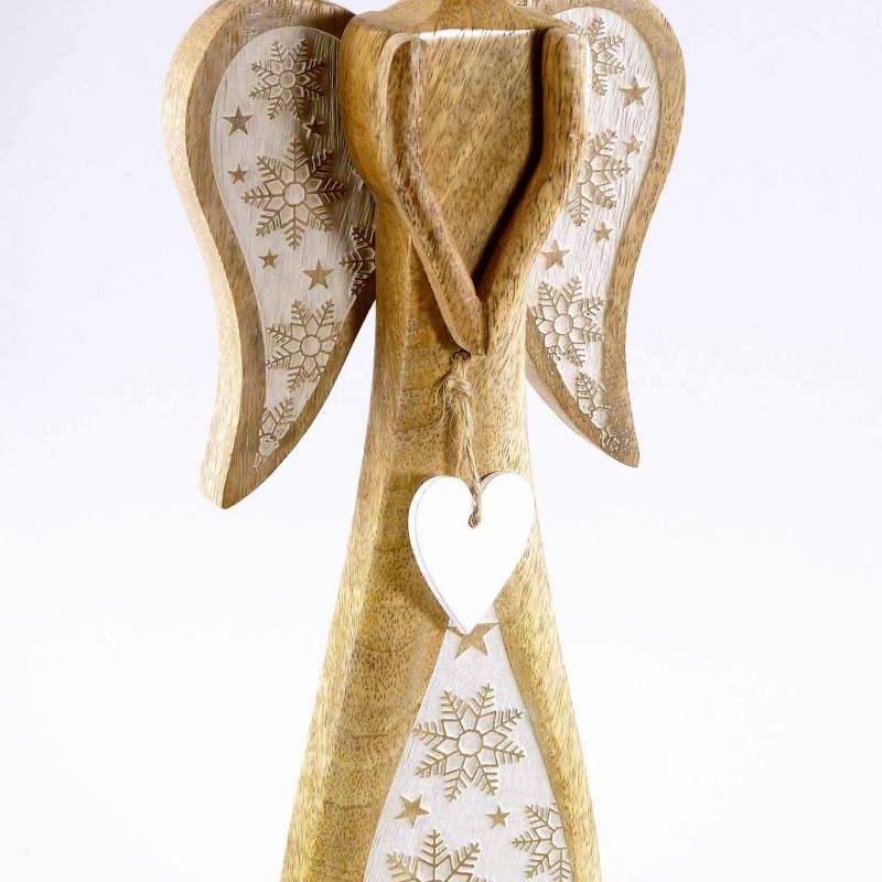 Ange en Bois de Manguier, Blanc et Naturel, H32,5 cm