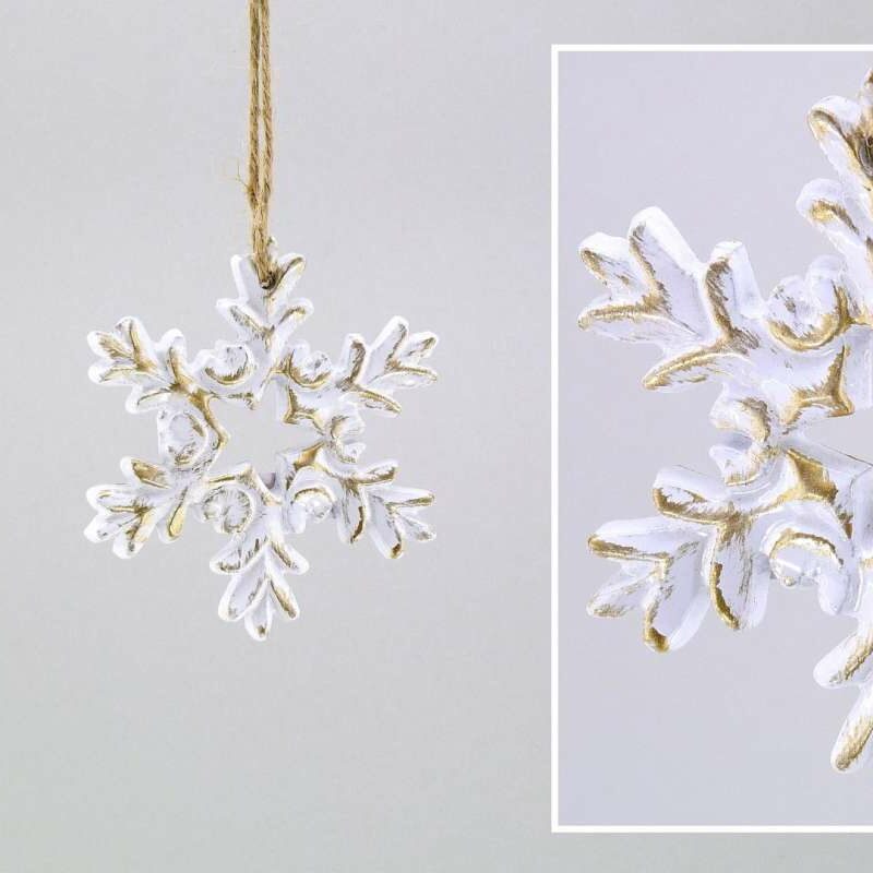 Pendentif Flocon de Neige en Aluminium, Blanc Doré ø8cm