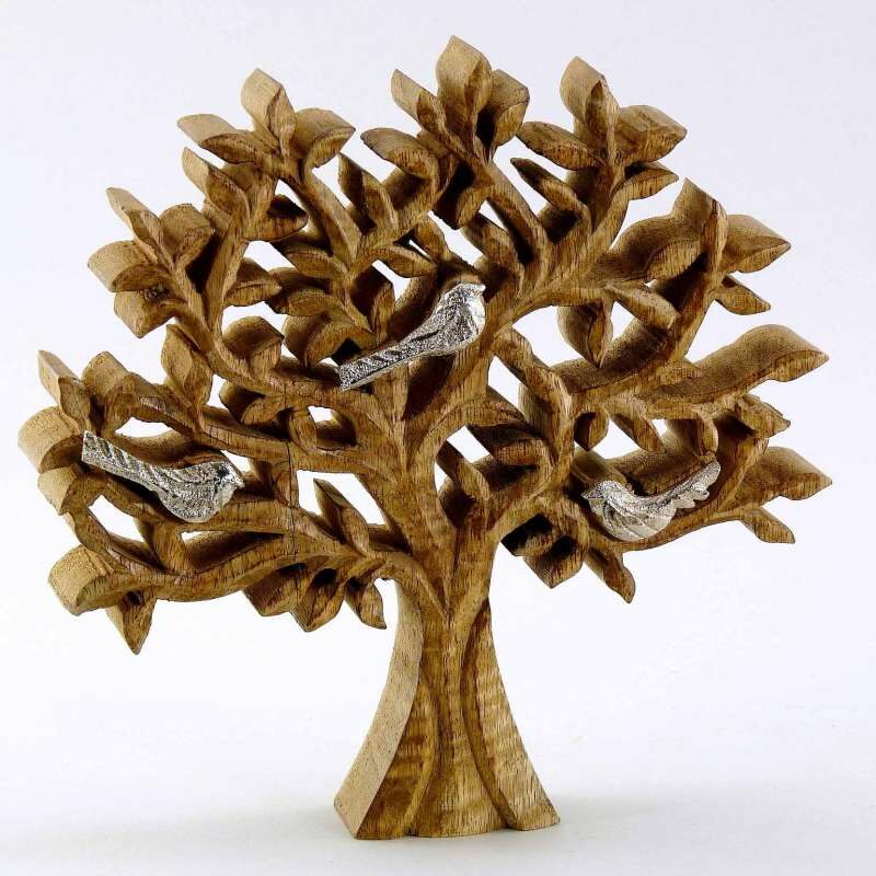 Arbre de Vie en Bois de Manguier avec Oiseaux en Aluminium, 20x20 cm