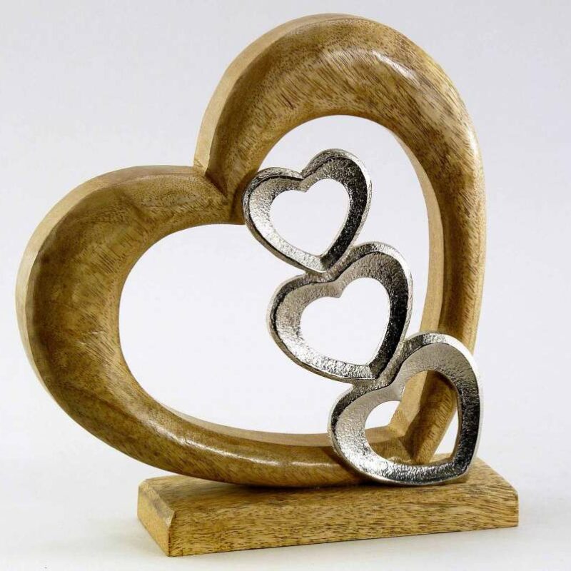Cœur en Bois de Manguier et Aluminium, , H20 L19cm