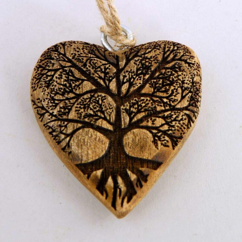 Pendentif Coeur en Bois de Mangier, Motif Arbre de Vie, ø5 cm