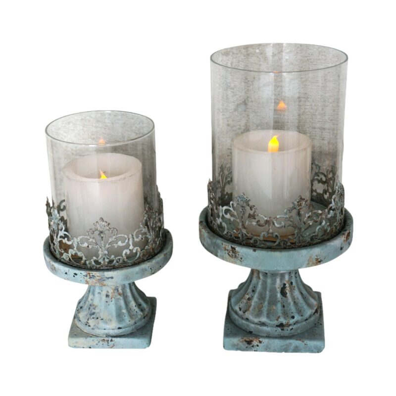 Bougeoir en Verre et Pierre Bleu Antique 22x13x13 cm