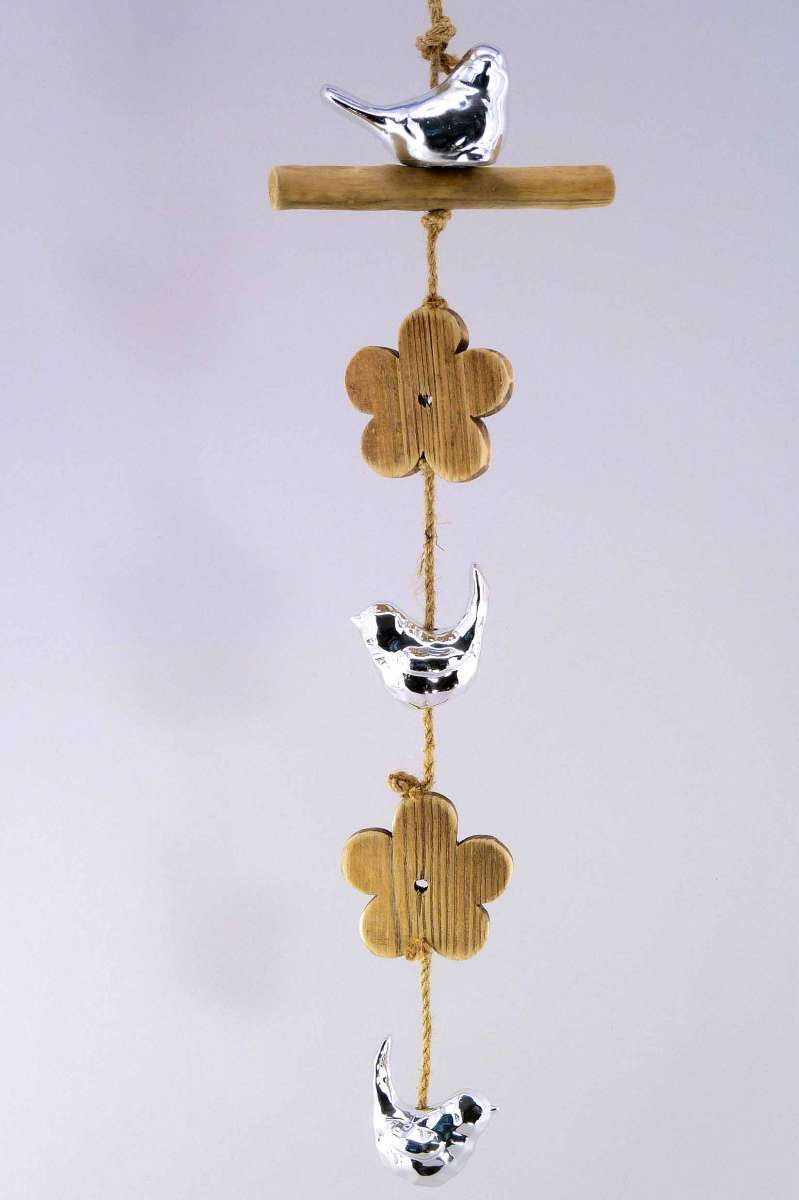 Guirlande en Bois Flotté et Porcelaine « Oiseau » argent naturel L50 l15cm