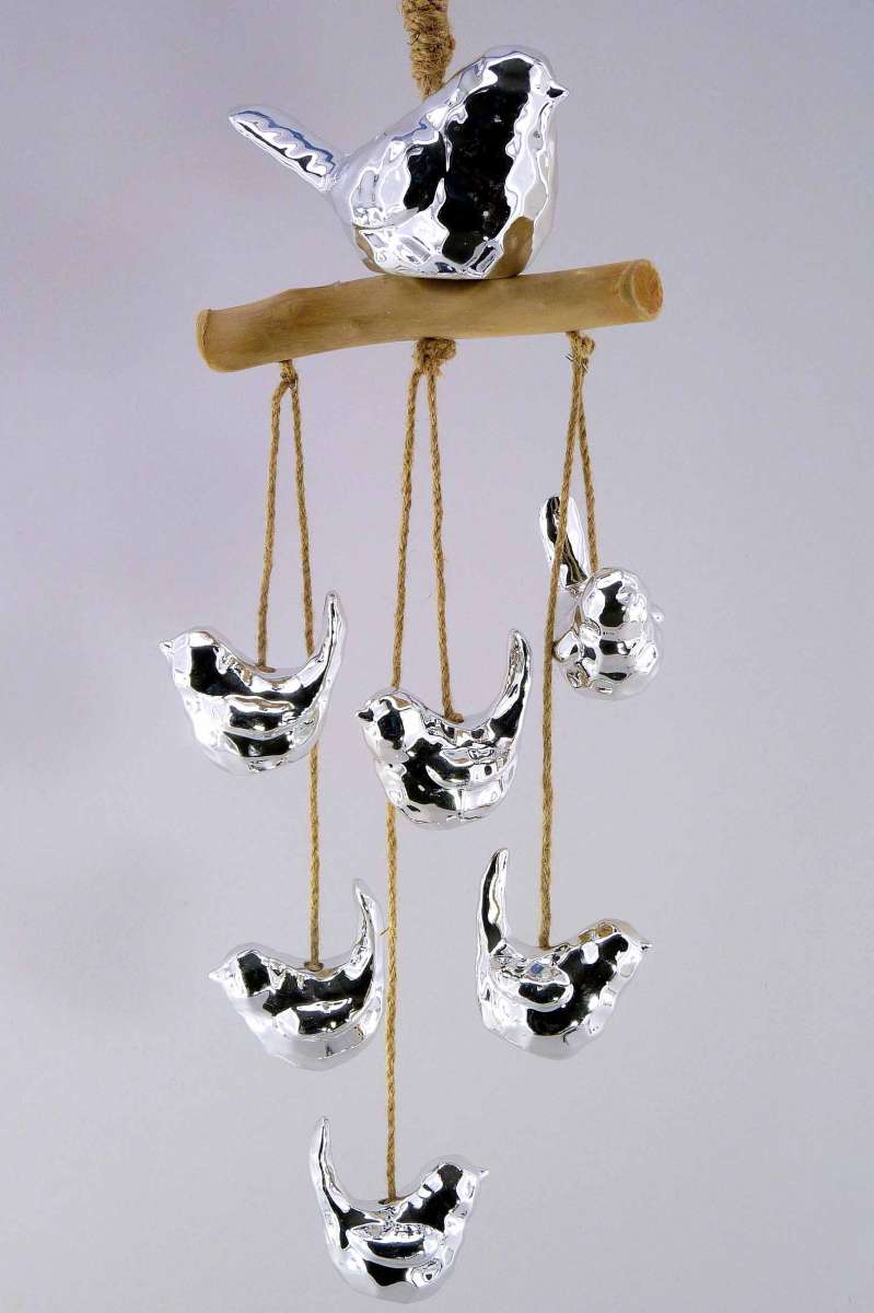 Carillon en Bois Flotté et Porcelaine « Oiseau » argent naturel L45 l16cm