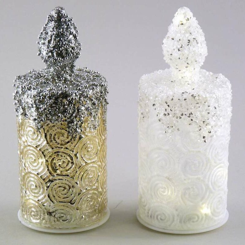 Bougie en Verre + LED Blanche/Argent Antique, 2 Modèles au Choix, ø8 H20cm