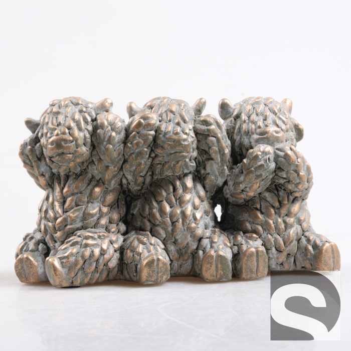 Vaches Highland "Entendre/Voir/Parler" en Ciment Nuance Doré 20x9x11cm