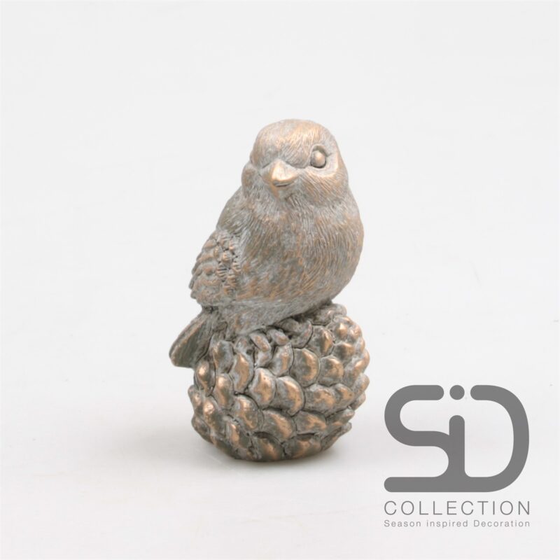 Oiseau en Polyrésine sur Pomme de Pin 8,5x7x13cm, 2 Modèles au Choix Aspect Métal