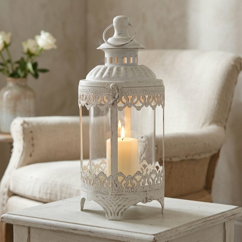 Lanterne "Penelope" Ronde en Métal Blanc Vieilli 13xH.29cm
