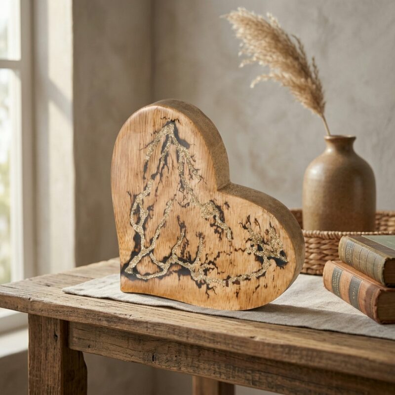 Coeur décoratif à Poser"Parina" en Bois de Manguier Reflet Doré H.16,5cm