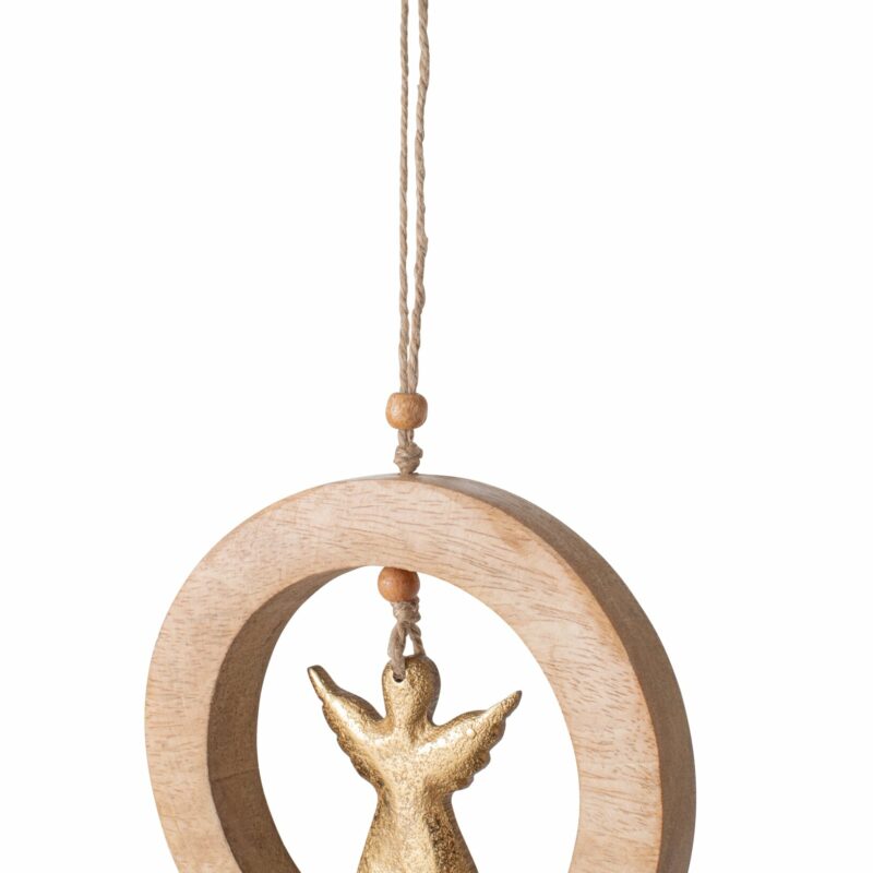 Pendentif Cercle avec Ange Doré en Bois de Manguier 13x1,5x13cm