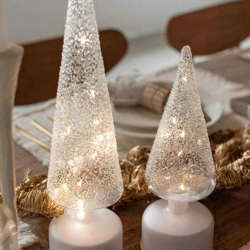 Arbre LED Rotatif en Verre Blanc Transparent 9x9x38,5cm