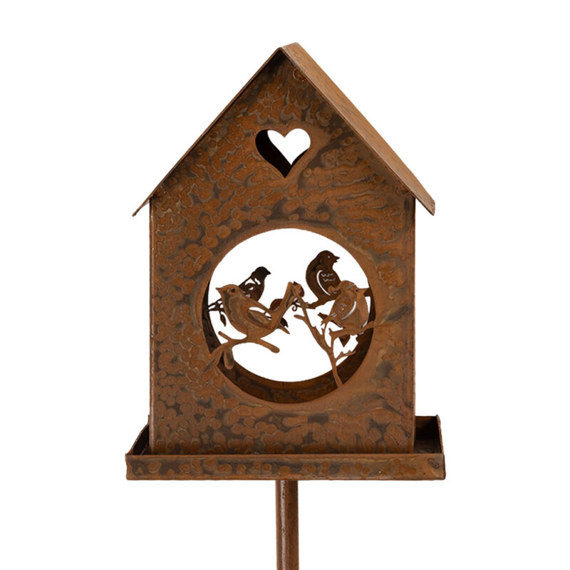 Piquet Maisonnette avec Oiseaux en Métal Rouillé 14x14x92cm