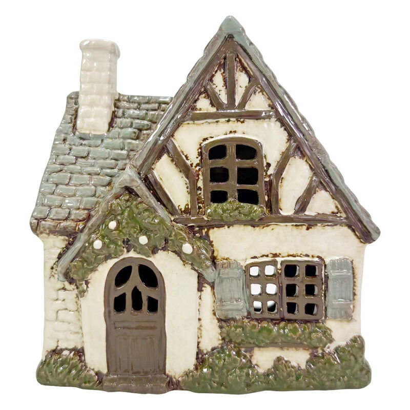 Maison Photophore en Céramique Blanc et Gris 18x10x19cm
