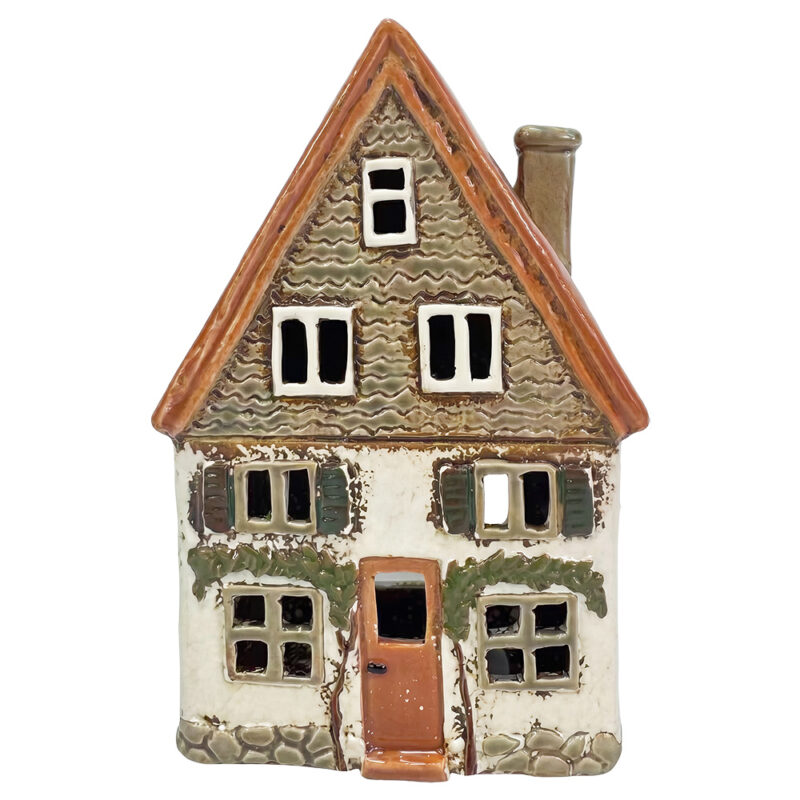 Maison Photophore en Céramique Beige et Marron 14x8x20cm