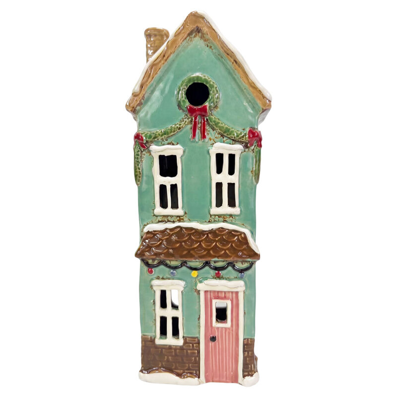 Maison Photophore en Céramique Verte 12x9x28cm