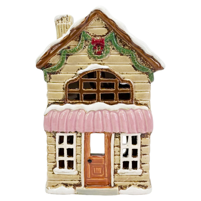 Maison Photophore en Céramique Beige et Rose 14x9x20cm