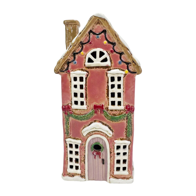 Maison Photophore en Céramique Rose 12x9x23cm