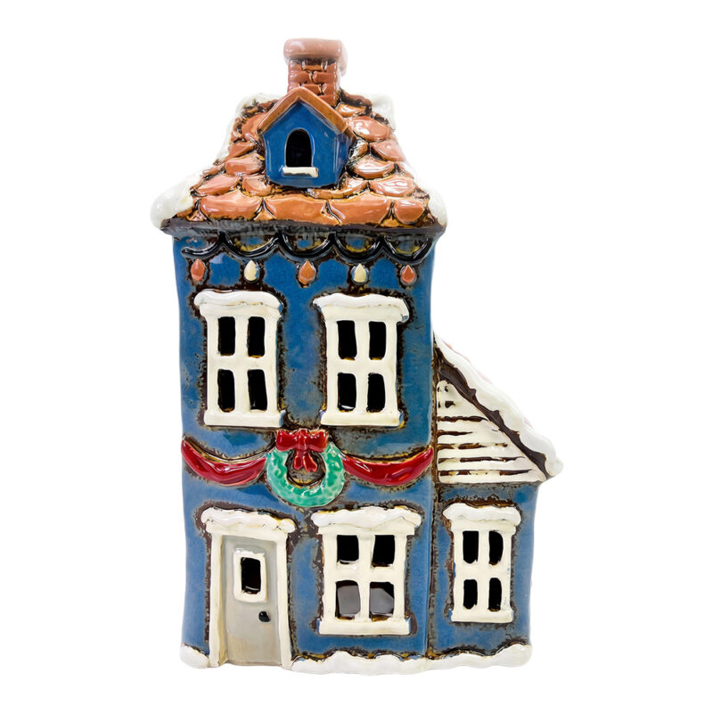 Maison Photophore en Céramique Bleue 17x11x27cm