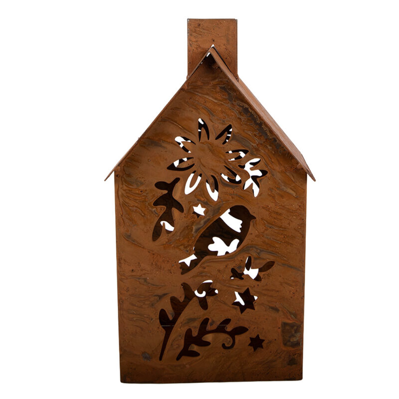 Maison Photophore en Métal Rouillé Décor Oiseaux 11x15x26cm